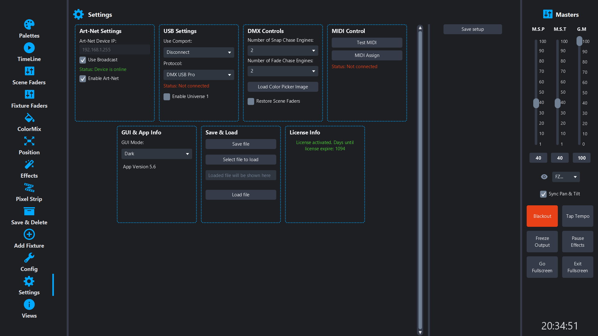 Art-Net and device settings in Simple DMX Controller